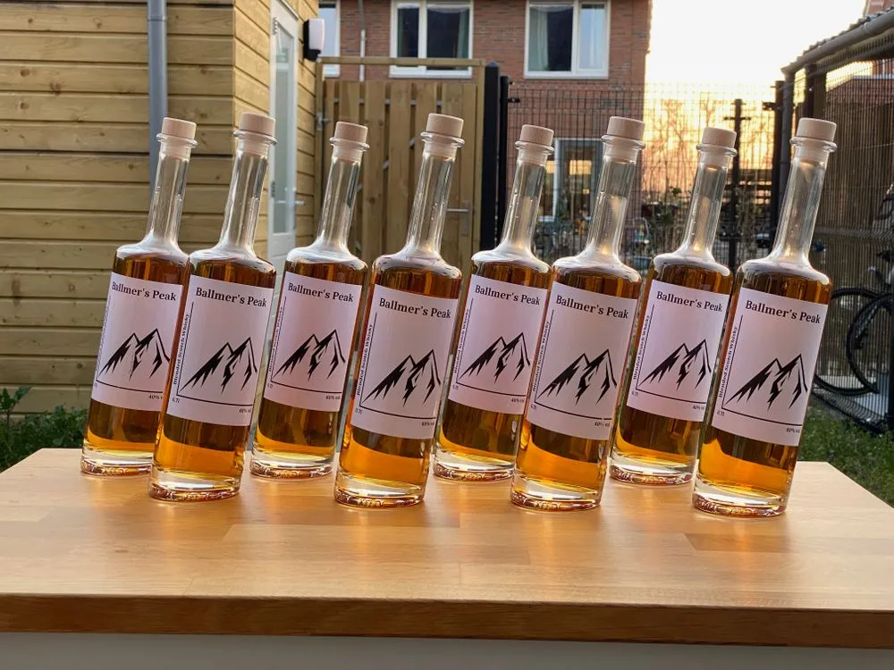 A row of 8 bottles of Ballmer&#x27;s Peak