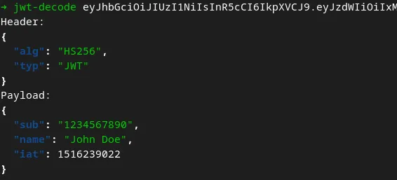 The jwt-decode command in the terminal, showing part of the input JWT and the output header and payload