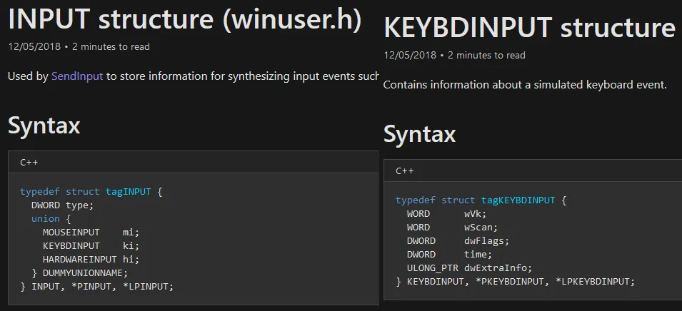 The input structures required for the SendInput function.