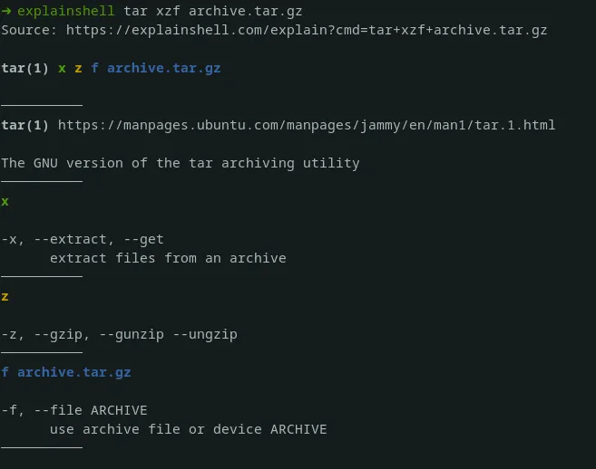 Screenshot of explainshell on the terminal